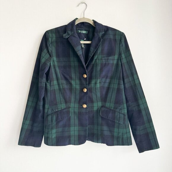 Lauren Ralph Lauren Blackwatch Plaid Blue Green Cotton Blazer 12 - Picture 3 of 11